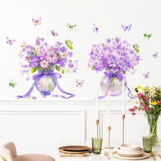 1 Pair Purple Flower Wall Sticker Peel And Stick Wildflower Butterfly Wall Decal Removable