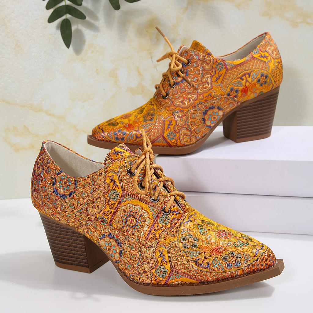 Front lace-up thick-heeled women's single shoes 2025 new Amazon supply spring high-heeled printing 40-43 large size