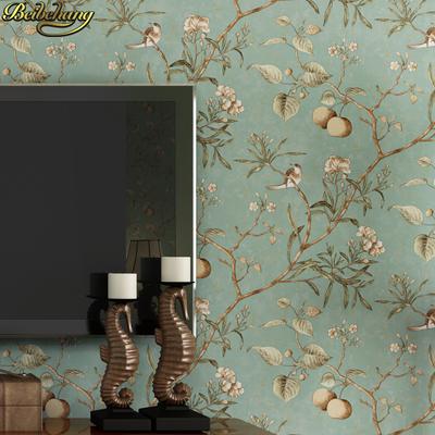 Papel De Parede 3d American Retro Apple Tree Flowers Bird Wallpaper for Walls 3 D Wall-paper Green Wall Paper Living Room