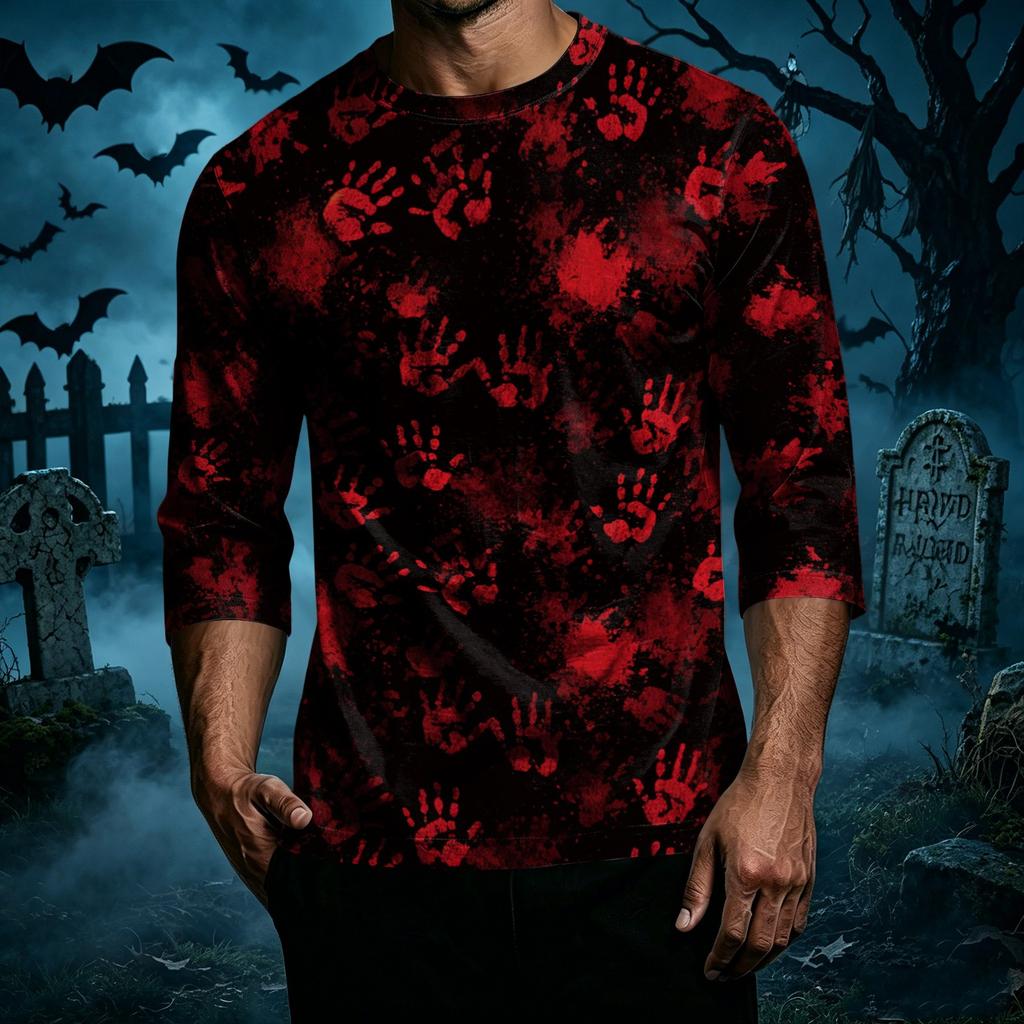 Men's Casual Halloween Print Crew Neck T-Shirt Three Quarter Sleeve Relaxed Fit Lightweight Top for Everyday Wear