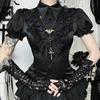 GlowGirl Goth Dark Kawaii Black Short Sleeve Buttons Shirt Lace-up Blouses Mall Gothic Slim Lapel Collar Stripe Shirts Women Alt Techwear