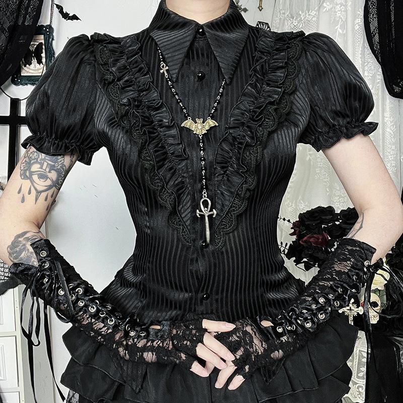 GlowGirl Goth Dark Kawaii Black Short Sleeve Buttons Shirt Lace-up Blouses Mall Gothic Slim Lapel Collar Stripe Shirts Women Alt Techwear