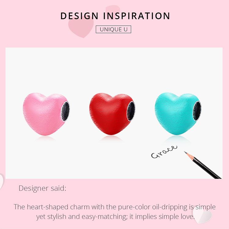 WOSTU Enamel Smooth Red , Pink and Blue Three-color Heart Shape 925 Sterling Silver Charm Beads Fit Bracelet Bangle Fine Jewelry