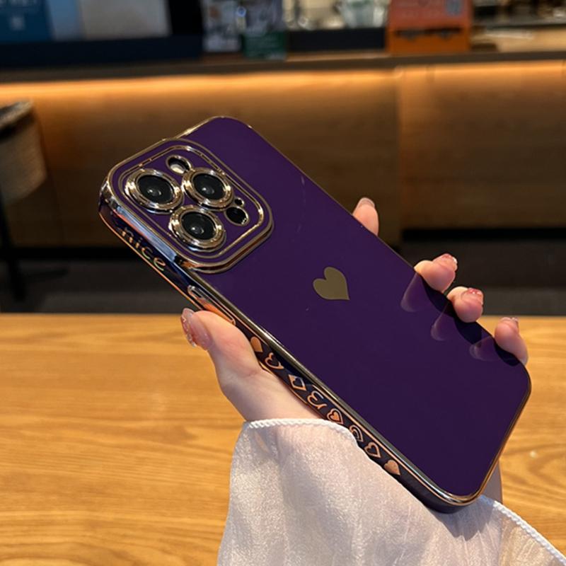 Custodia per telefono a forma di cuore d'amore placcata per Iphone 14 13 11 12 Pro Max Xs Max Xr 14 Plus Morbida Antiurto Placcatura Copertura Bumper Viola