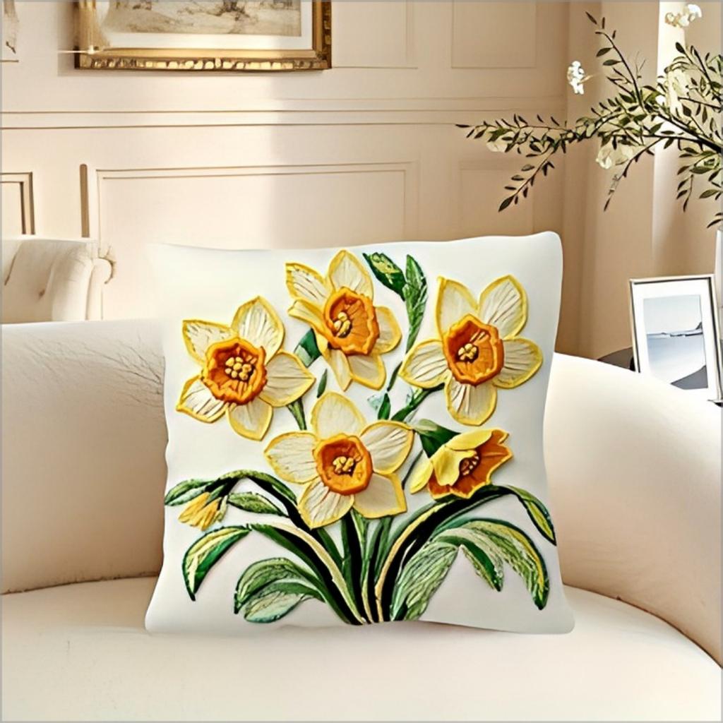 2D Osterglocken Blumen Kissenbezug Vintage Gelbe Narzissen Blumen Dekorative Kissenhülle Boho Heimdekoration