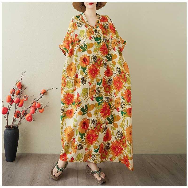 Women's Vintage Long Dress with Cotton and Linen Patterns