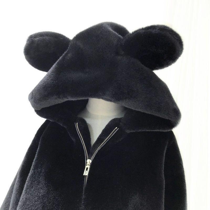 

Autumn and Winter New Hooded Loose Cute Bear Ears Thickened Plush Medium and Long Imitation Fur Coat for Women L чёрный