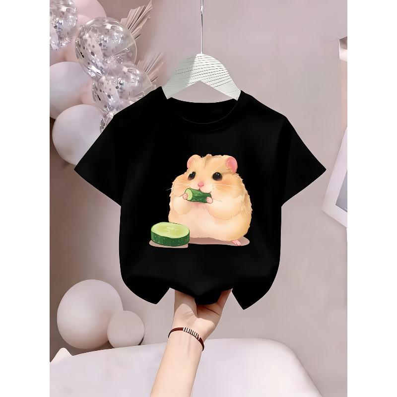 European sizes Summer Casual Girls' Clothing, Featuring a Cute Cartoon Hamster Print, Soft, Comfortable, and Versatile Round-neck T-shirt