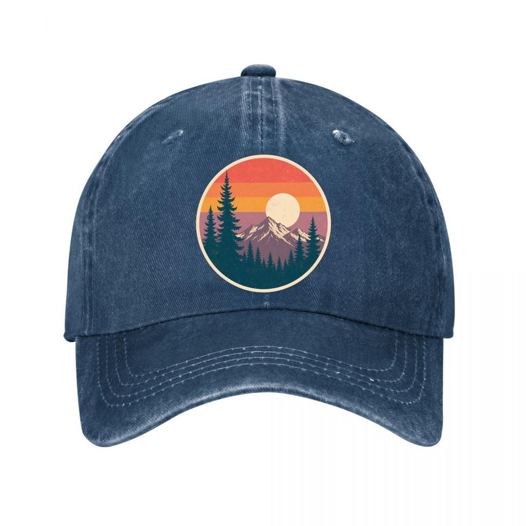 Retro Mountain Pines Sunset Emblem Washed Baseball Cap Outdoor For Womens Unisex FeUnisex Dad Hat