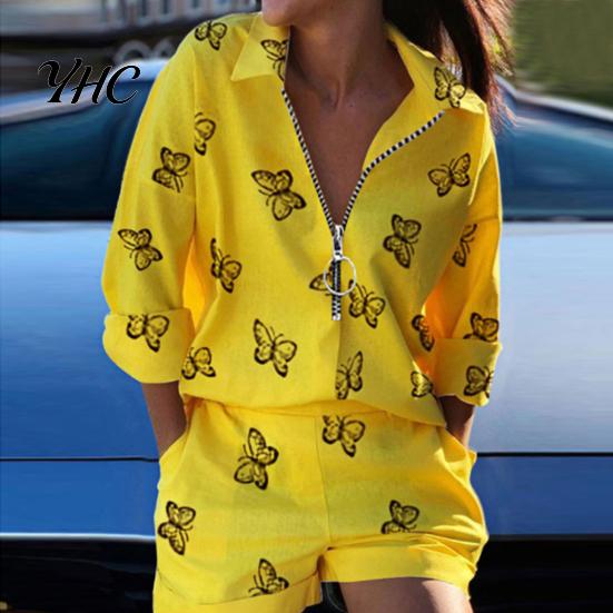 Girls Shirt Shorts Suit 2Pcs/Set Women Turndown Collar Long Sleeves Metal Ring T-Shirt Pants Trousers Kit Zipper Spring Summer Feather Printed