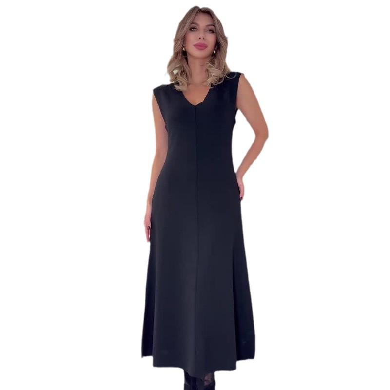 2024 European & American Women's Solid V-Neck Sleeveless Long Dress - Simple & Comfortable