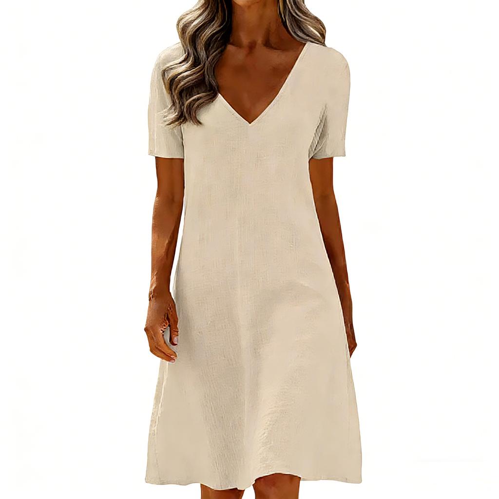 Women's  Color Casual Fashion Short Sleeved V-neck Dress