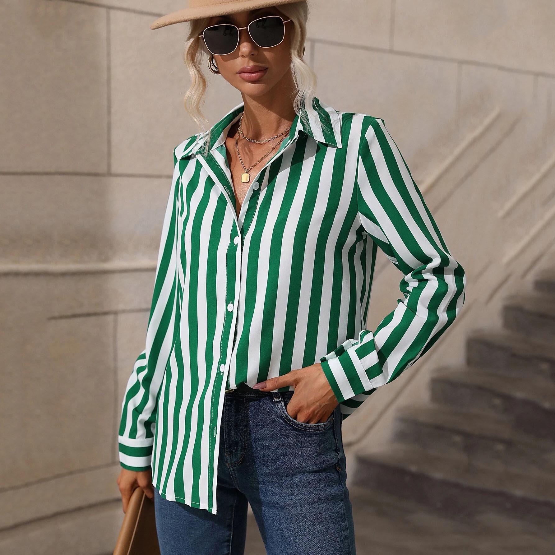 2026 Women s Spring/Summer Blue Striped Fashion Shirt - Versatile European and American Style S