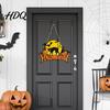 Holiday Atmosphere Decoration Halloween Wood Door Hanger Sign Pumpkin And Black Cat Printed with Hemp Wooden Hanging Sign Rope Lanyard Decorative