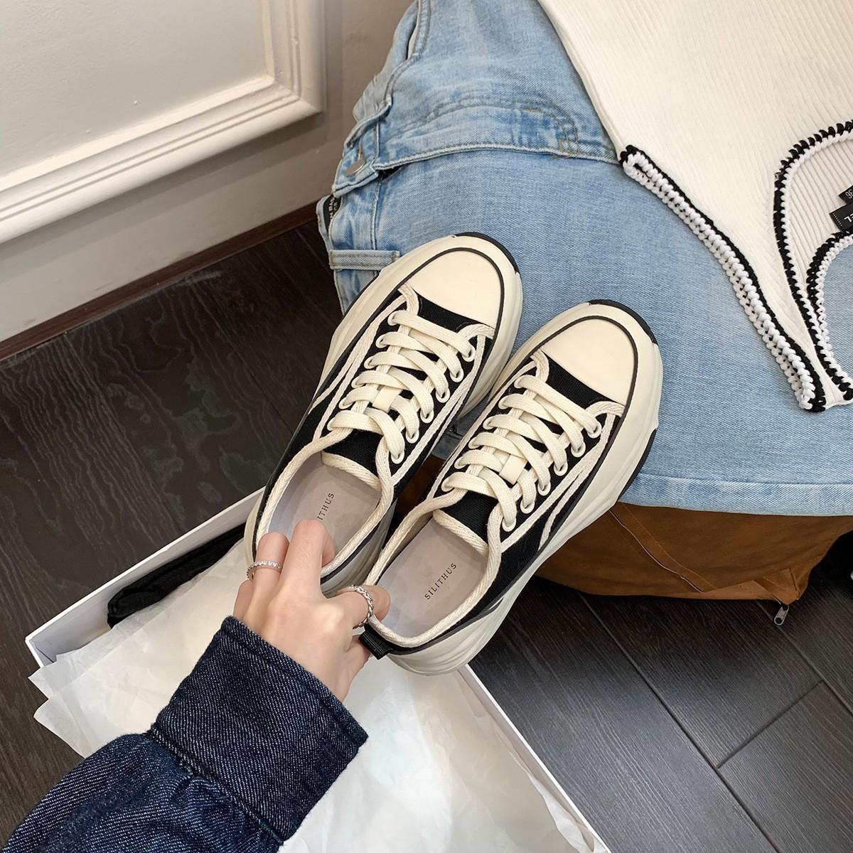 

[Blue Cabinet] Hokkaido, thick-soled lace-up canvas shoes for women s 2025 new mesh flat-soled white shoes for children 40 чорний