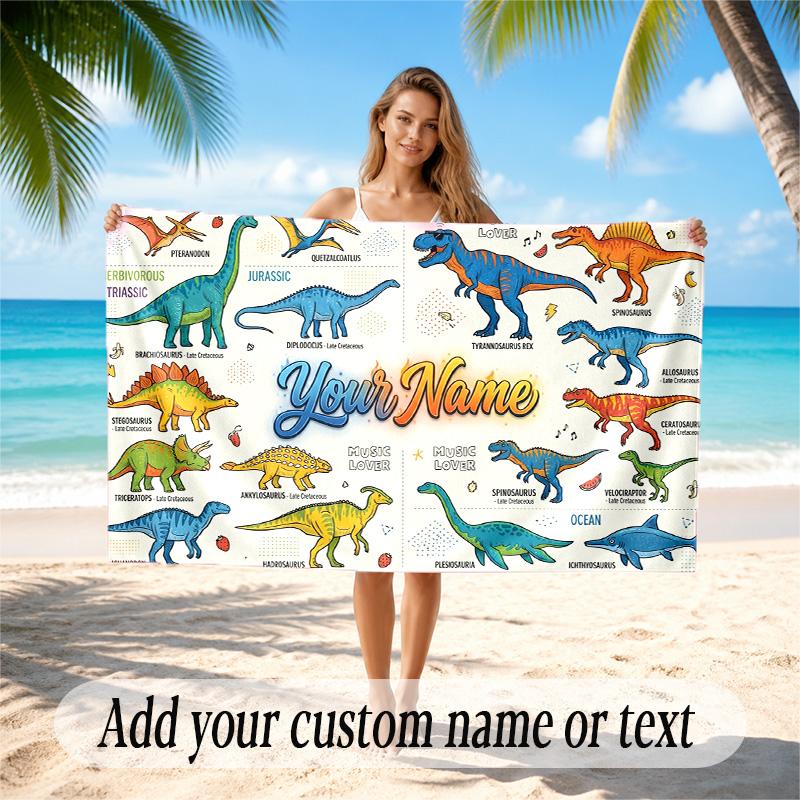 Dinosaur Theme Quick Dry Beach Towel Custom Name Text Print Large Sand Resistant Towel Beach Vacation