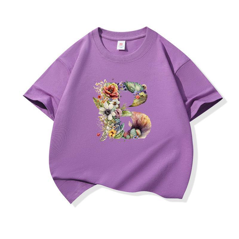 Kids Cotton T Shirt Floral Letter B Print Crew Neck Short Sleeve Tee Casual Boys Girls Summer Tops