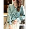 Satin Elegant Buttons Ruffled Office Lady Party Blouse Shirt Fashion Autumn Solid Long Sleeve V-neck Pullover Tops Women Blusas