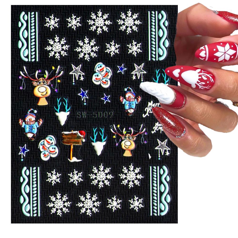 5D Embossed Christmas Nail Art Stickers New Year Red Santa Claus Tree Penguins Snowman Winter Sliders Girl Manicure Decals NK-1*