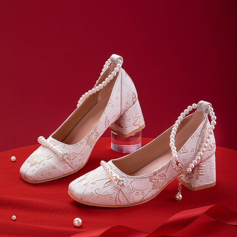 Embroidered shoes Mary Jane shoes spring dance French small fragrant style evening thick heel single shoes temperament high heels evening style