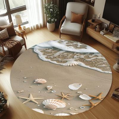 Wave Beach Printed Circular Carpet Nordic Style Minimalist Shell Starfish Carpet Living Room Bedroom Entrance Anti Slip Rug