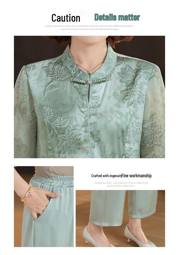 Chic Middle-aged Women's Two-Piece Chiffon Set - Chinese Style Trendy Top & Shirt