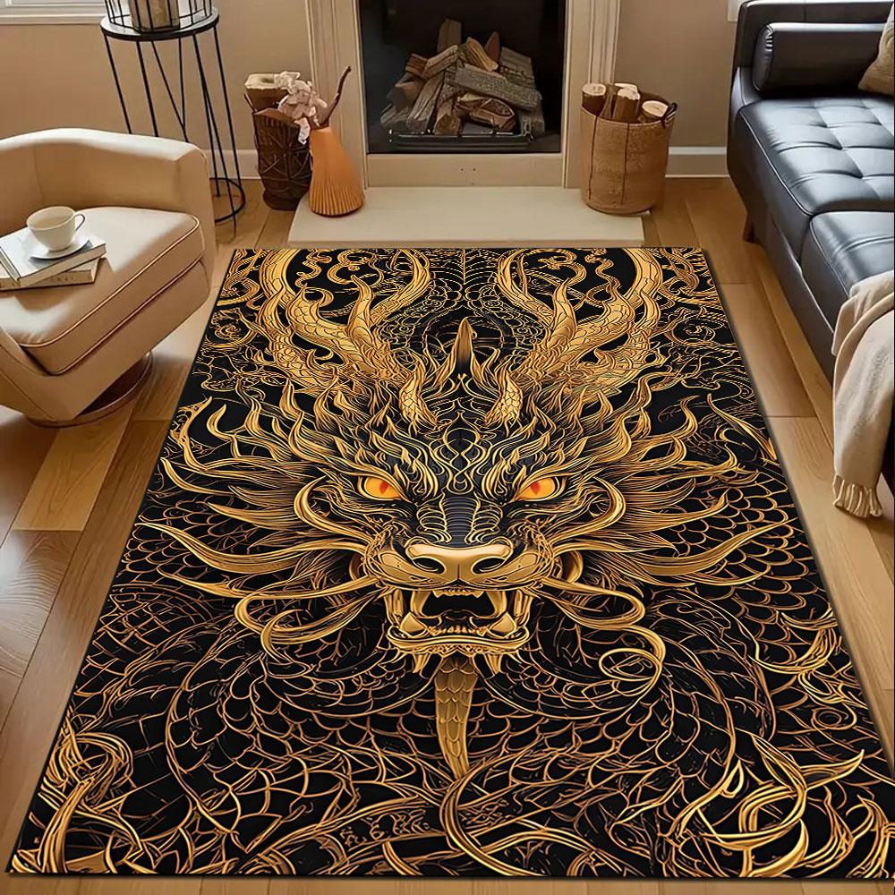 Golden Dragon Motif Rug Patterned Carpet, Non Slip Mat Suitable for Living Room and Bedroom Sofas