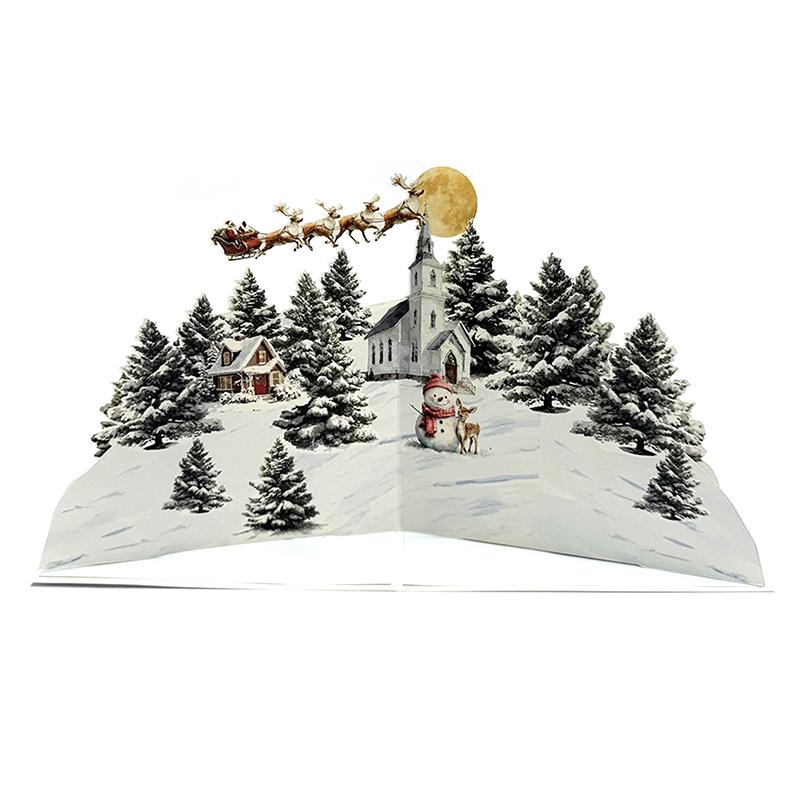 3D Christmas Card Night Before Christmas Scene With Santa, Reindeer, Snowy Village & Moonlit Sky Festive Holiday Greeting Card F