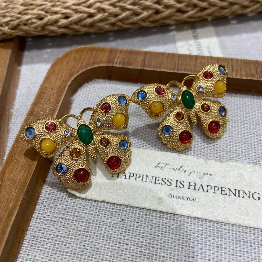 Medieval Diamond-Set Colored Glazed Butterfly Retro Court Earrings Heavy Industry Stud Earrings