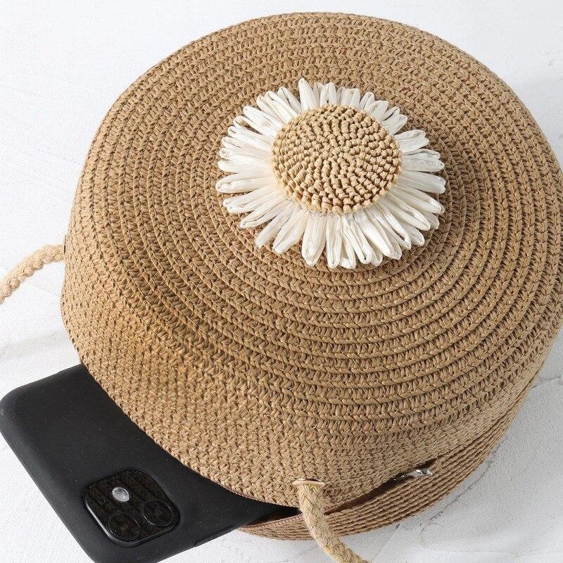 1PC Flower Graphic Circle Straw Bag, Vintage Shoulder Beach Bag, Women's Crossbody Purse Mini Floral Decor Straw Crossbody Bag