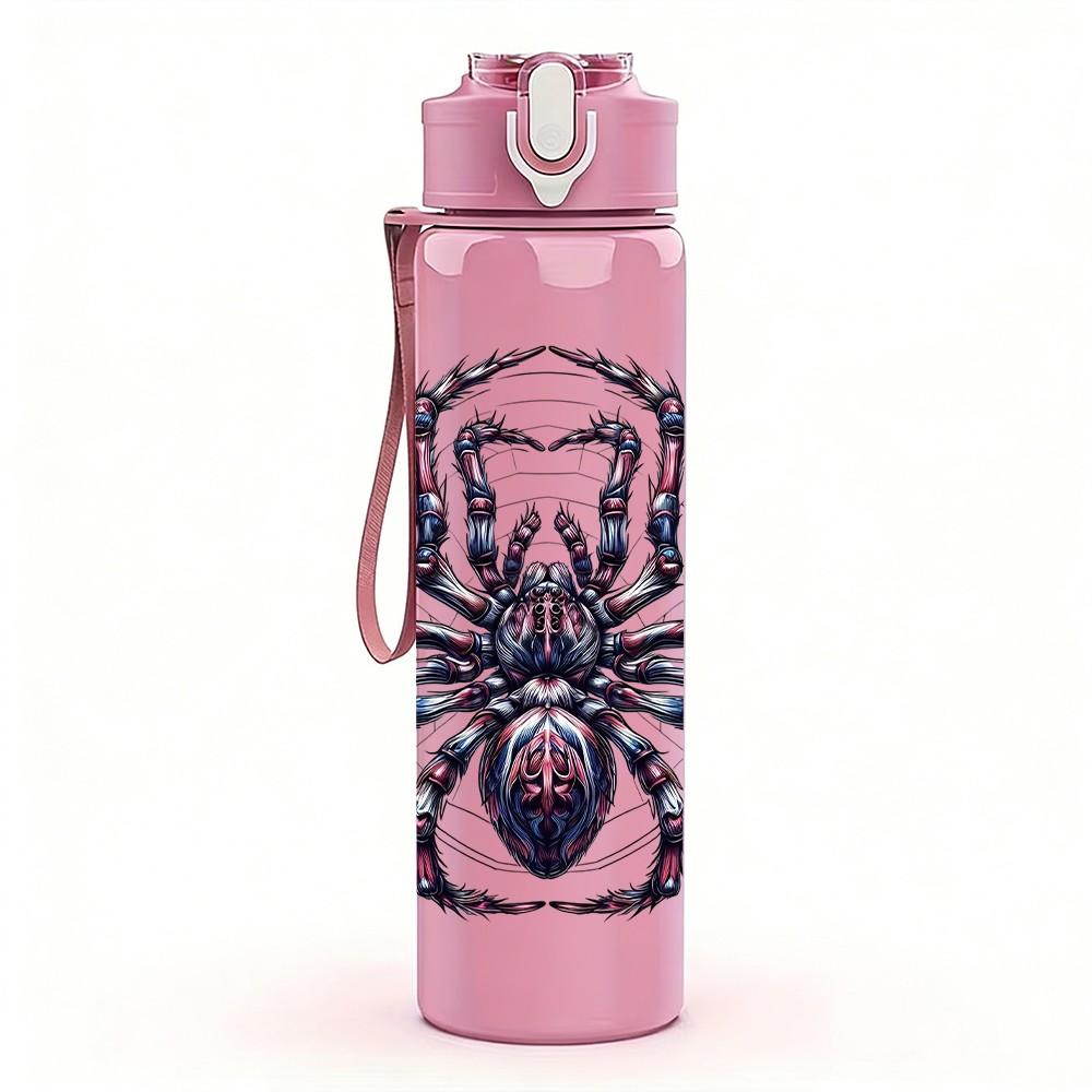 1PC Black Spider Arachnid Pattern 750ml Color Plastic Sports Water Bottle Leakproof Flip Straw Lid Suitable for Sports Office Home Use