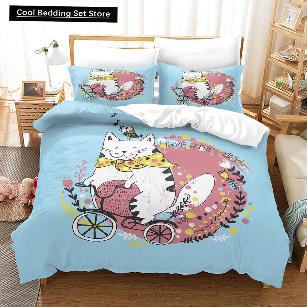 Cartoon Cat King Full Queen Duvet Cover Lovely Pet Kitty Bedding Set Animal Quilt Cover 2/3pcs Purple Polyester Comforter Cover