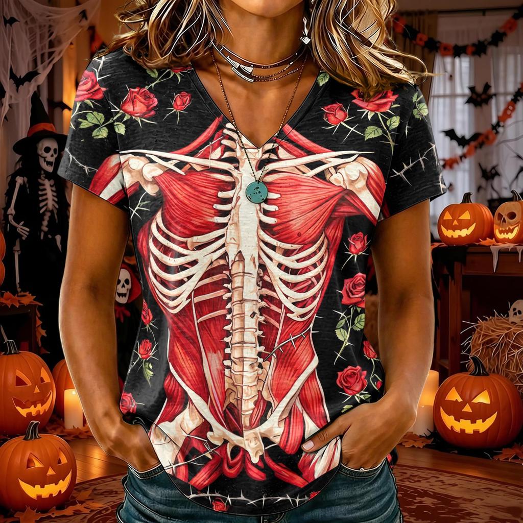 T-shirt d'Halloween pour femme à col en V et manches courtes, Haut décontracté élégant et confortable