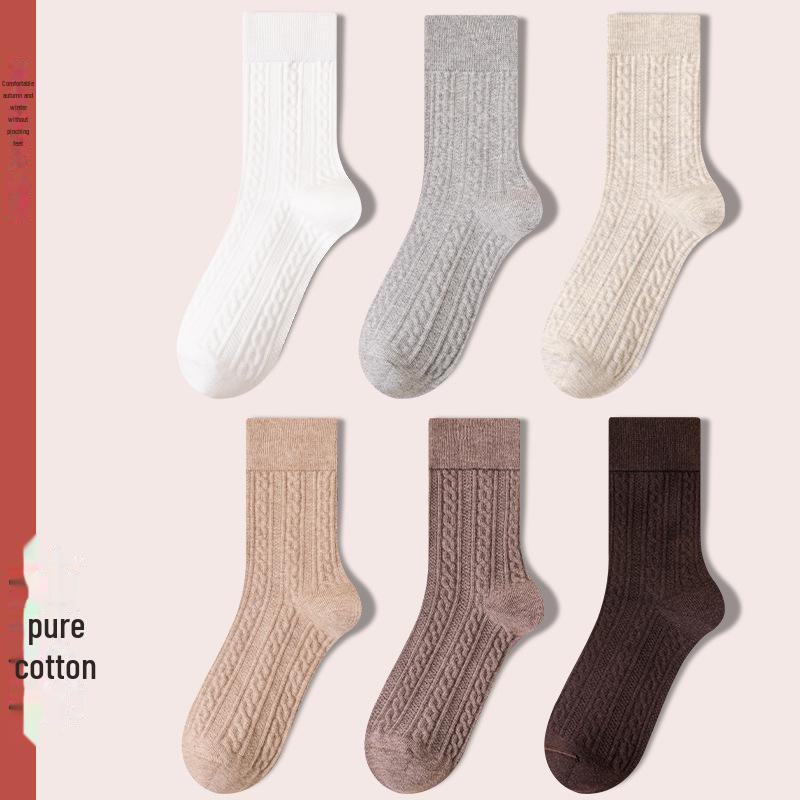 Women's Retro Twist Pure Cotton Mid-Tube Socks - Antibacterial, Deodorant, Autumn/Winter, White Long Socks.