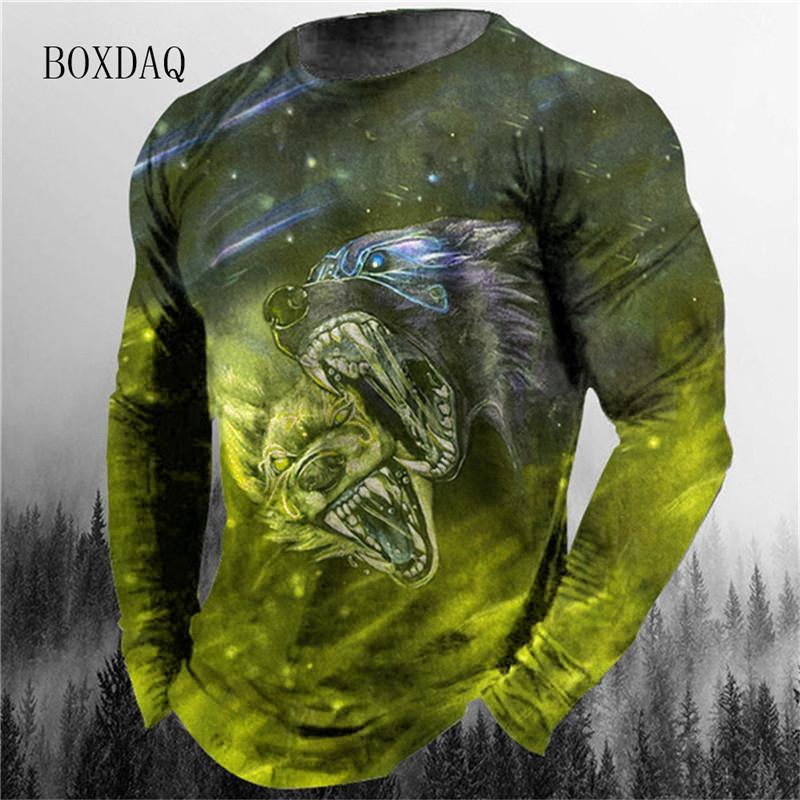 

Мужские футболки с 3D принтом узора волка, весна-осень, с длинным рукавом, уличный стиль, хлопок, оверсайз топы 5XL