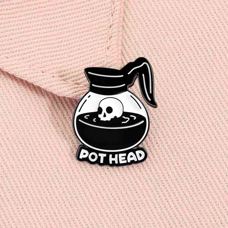 Coffee Pot Head Enamel Pin Fantasy Movie Fan NamePunk Skull Skeleton Coffee Lover Brooch Lapel Badge Jewelry Gift for Friends
