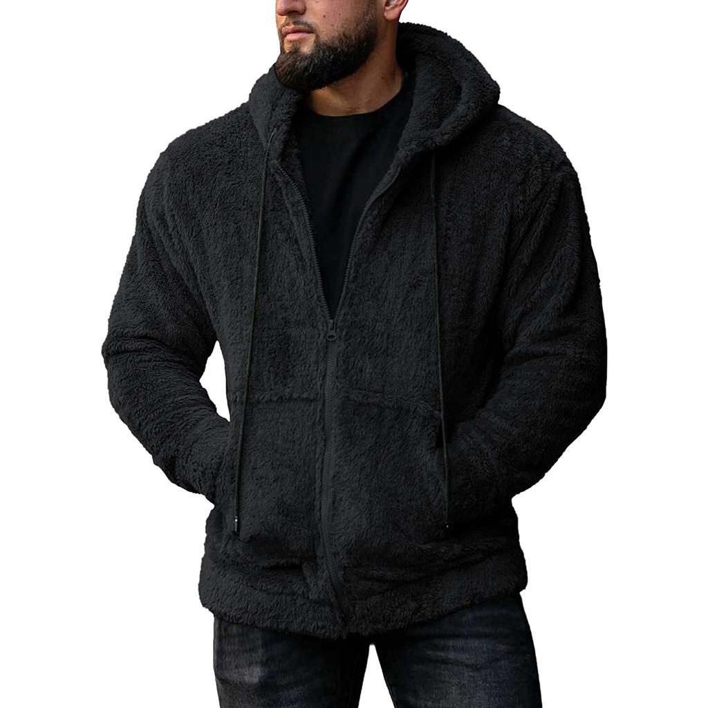 Autumn Men's Plush Cardigan with Hood Solid Color Warm Home Comfort Zipper Jacket