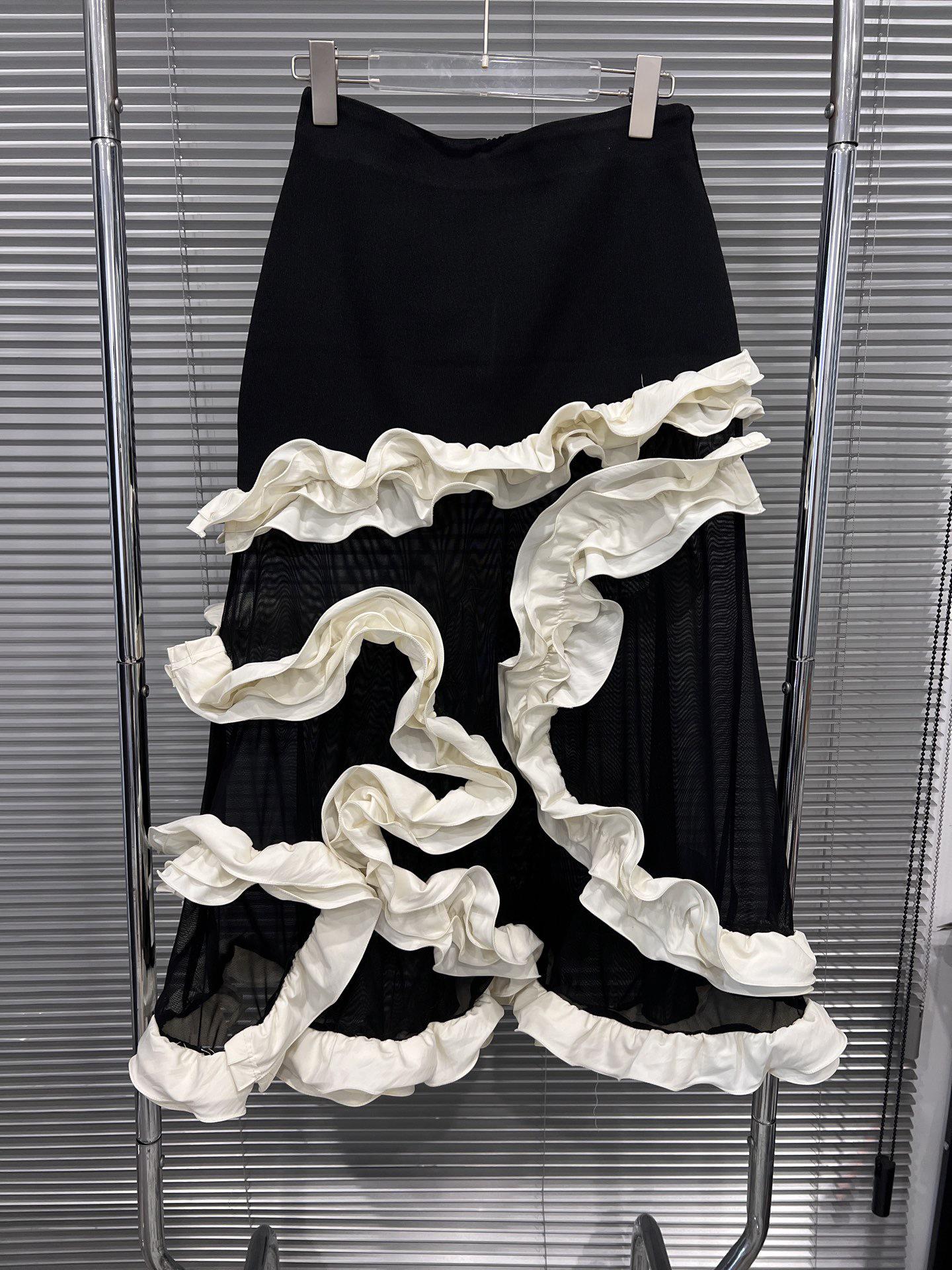 Spring 2026 Elegant Ruffled Loose Fit Versatile Slimming Skirt for Women Small чёрный/белый