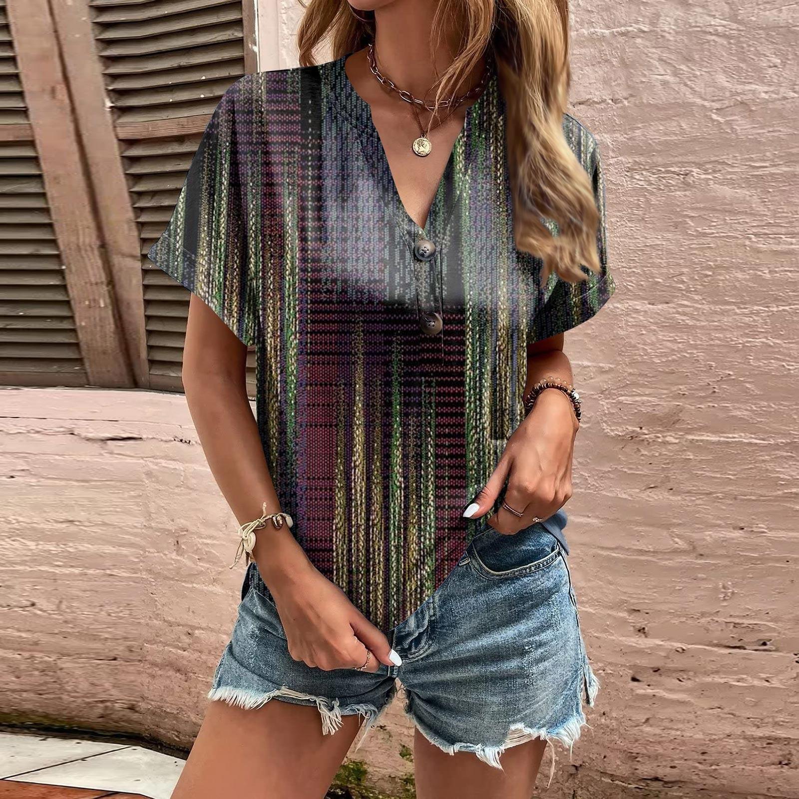 

Модные женские свободные летние простые повседневные топы с V-образным вырезом и пуговицами с короткими рукавами L