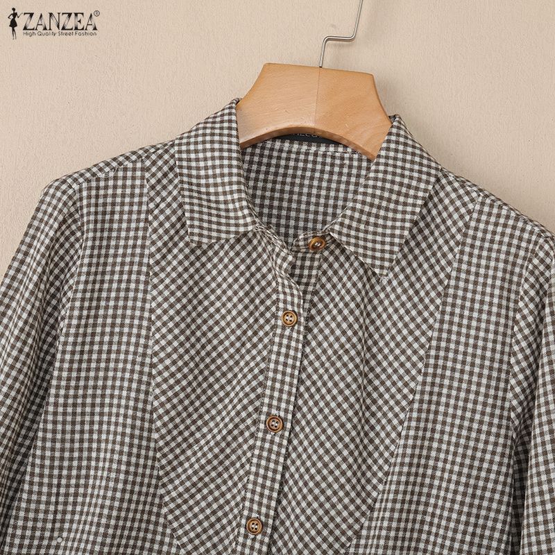 ZANZEA Dámská ležérní halenka s límečkem, kostkovaným potiskem, volným střihem a dlouhým rukávem