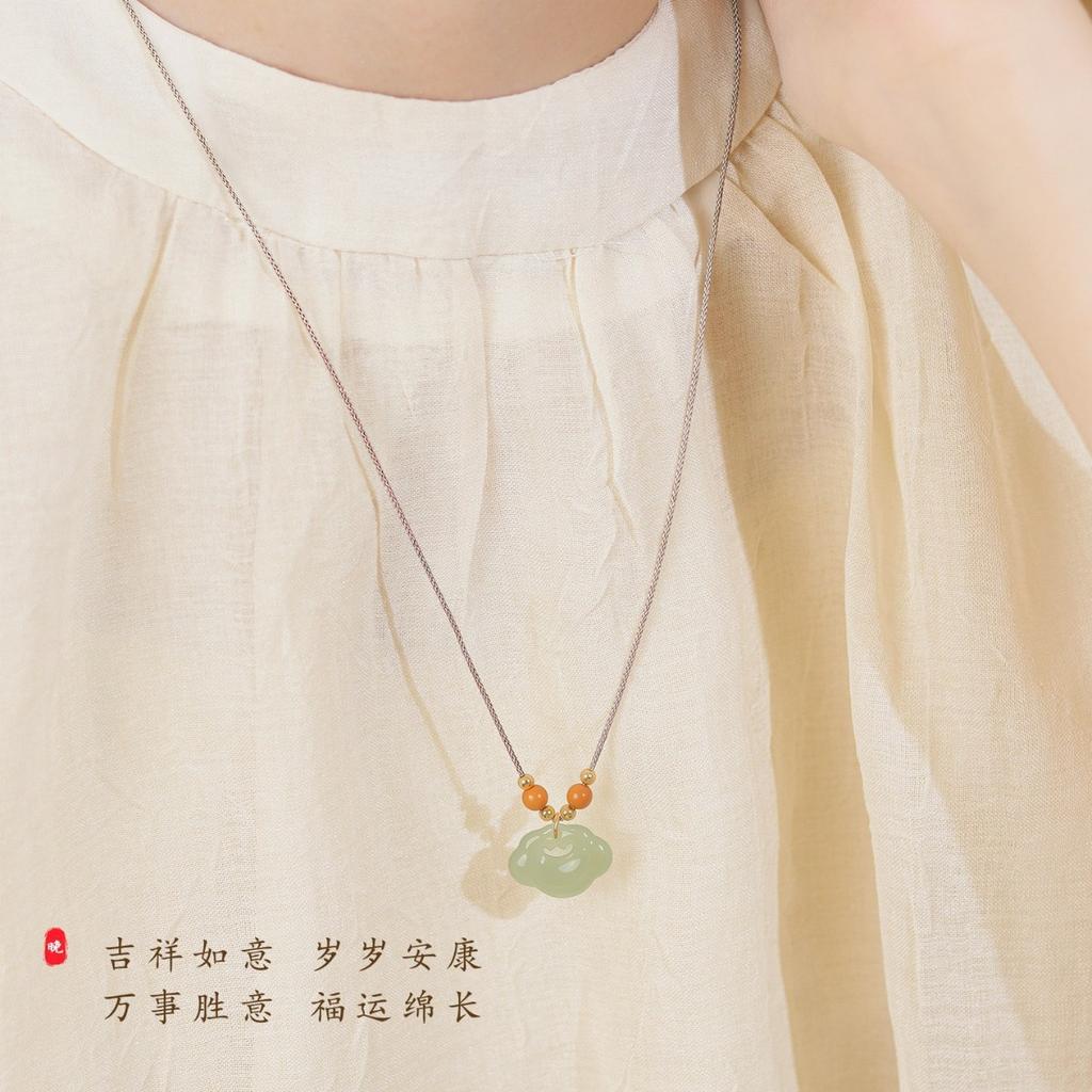 Yusuoji Natural Genuine Hetian Jade Ruyi Lock Olive Kernel Necklace Pendant - Light Luxury Niche Gift