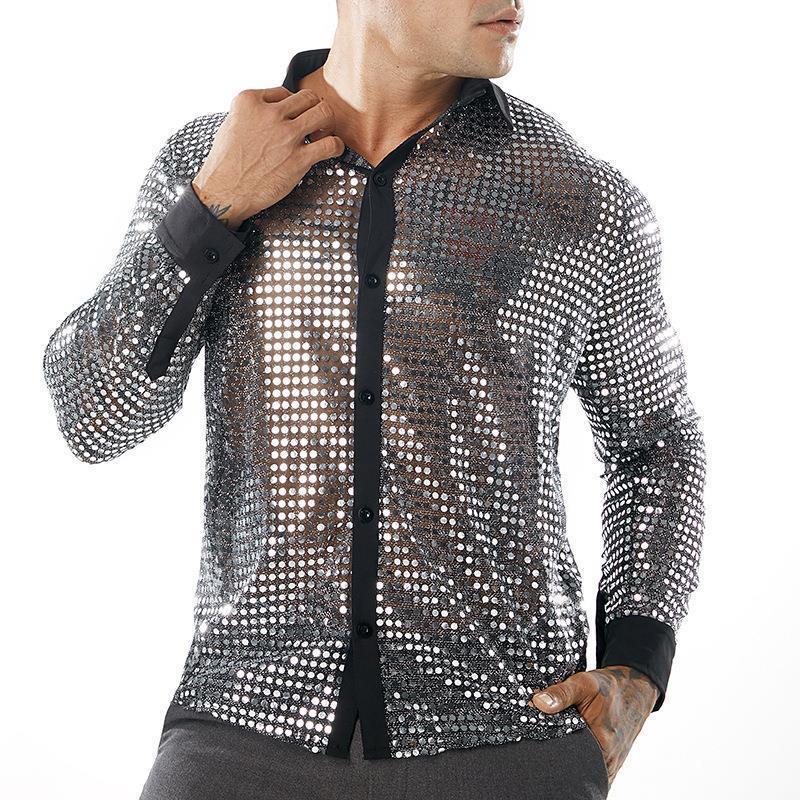 Moda Uomo Paillettes Scintillanti Camicie da Ballo per Feste Retro Disco Camicia da Nightclub Monopetto Abbigliamento da Performance