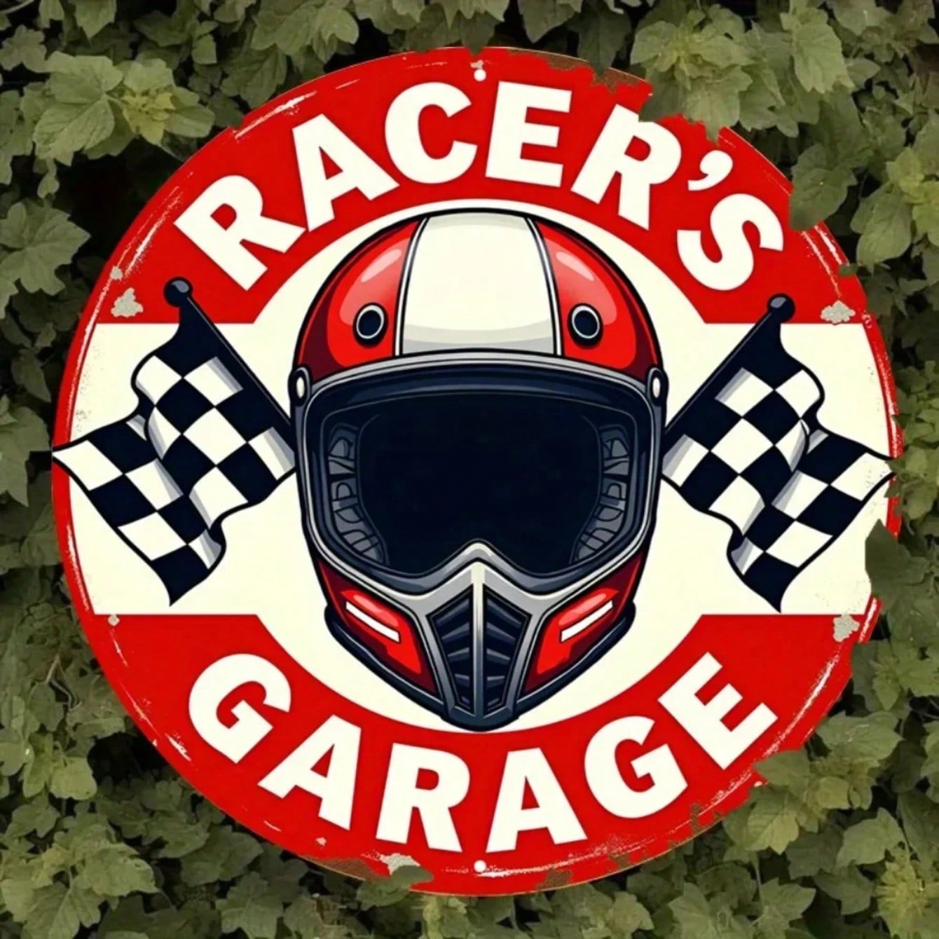 Rustic Vintage Racer Garage Metal Wall Sign Distressed Checkered Flag Decor 20x20