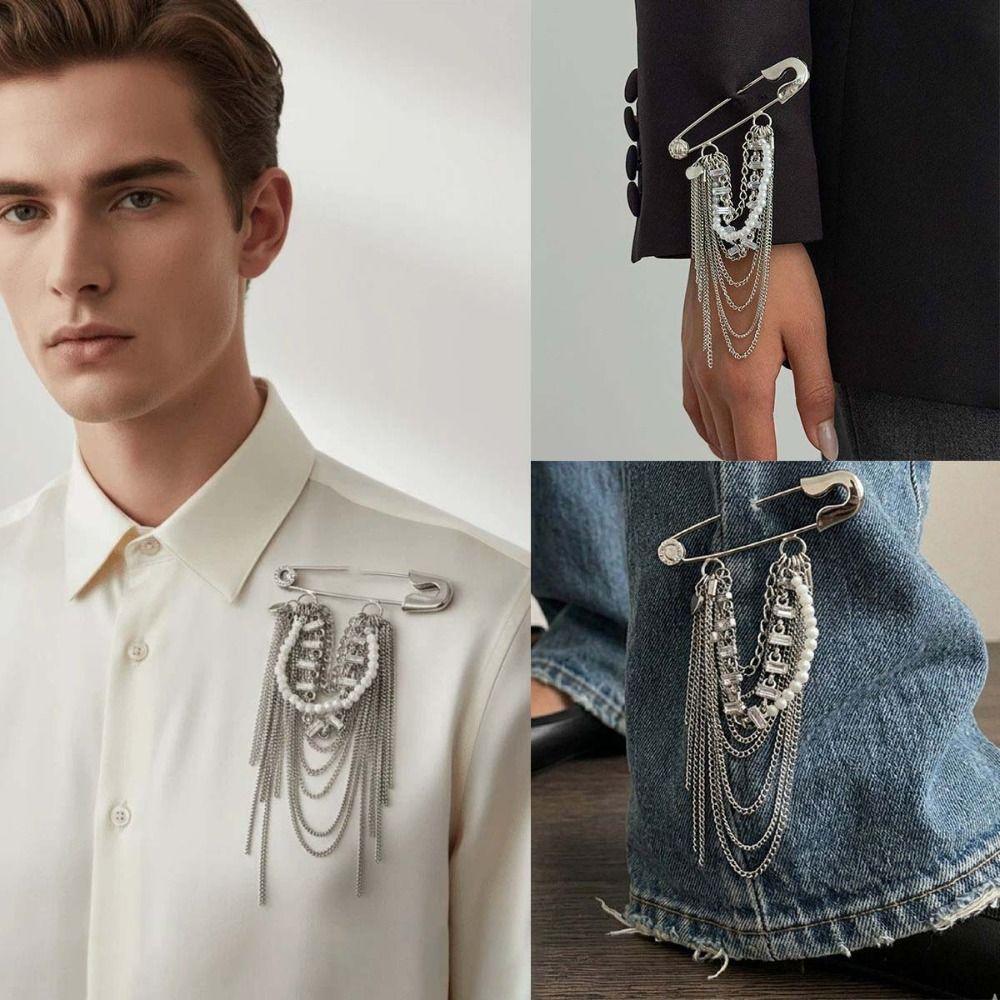 Imitation Pearl Accents Safety Pin Chain Brooch Punk Style Suit Accessory Suit Personalization