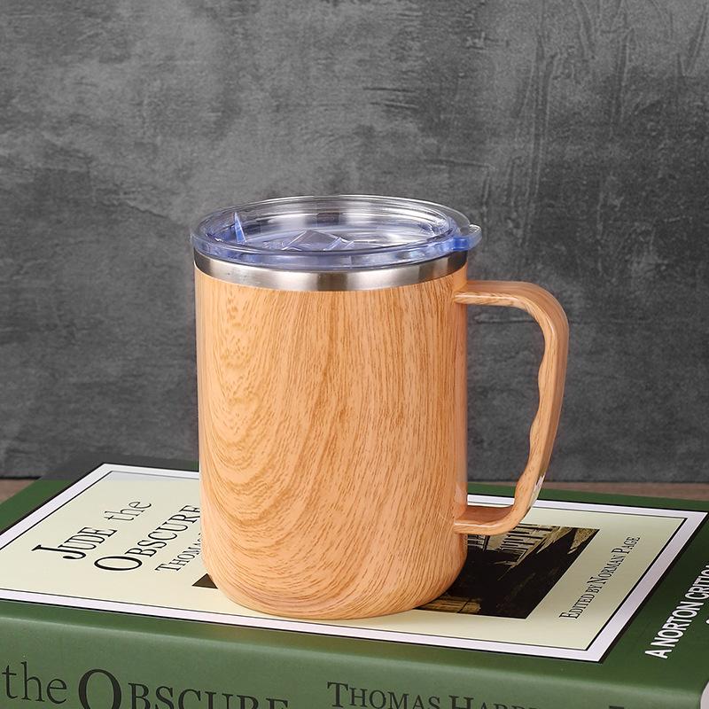 Vintage wood grain stainless steel mug, Double-layer Insulated coffee mug, Office tea cup with lid, Morning milk cup, 480ml