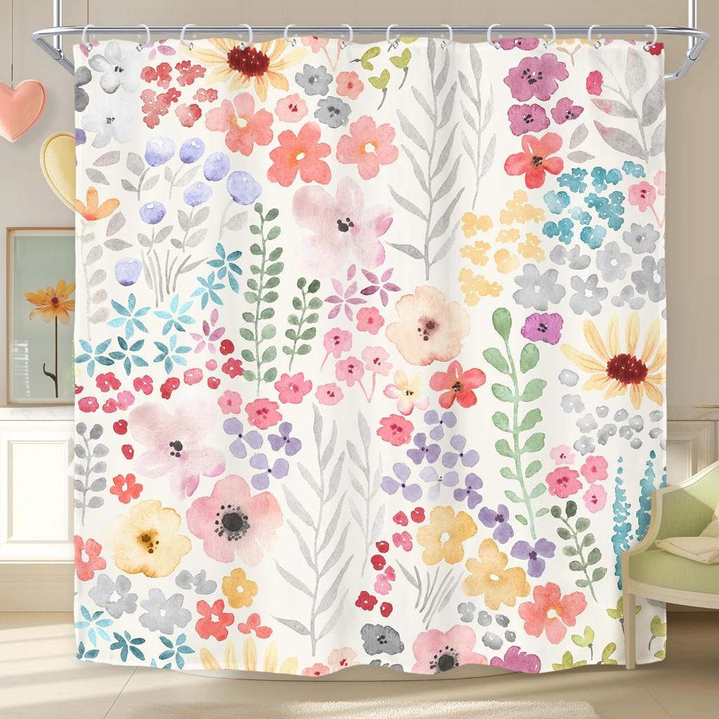 Spring Boho Style Kids Girls Teen Wildflowers Pink Watercolor Fabric Bathroom Curtains, Trendy Botanical Bathroom Decor Set