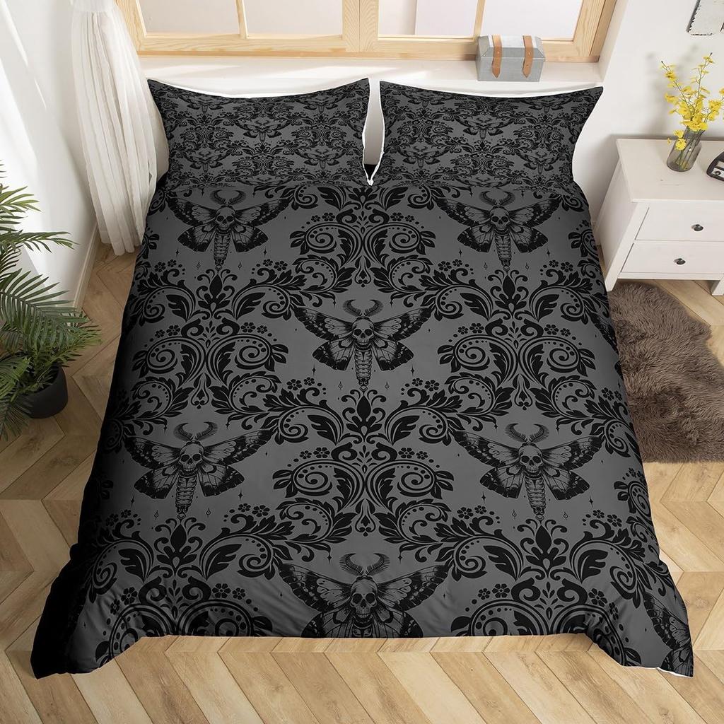Adults Black Vintage Damask Floral Bedding Set King Size Gothic Bohemia Boho Flower Duvet Cover Gothic Skull Bedspread Cover