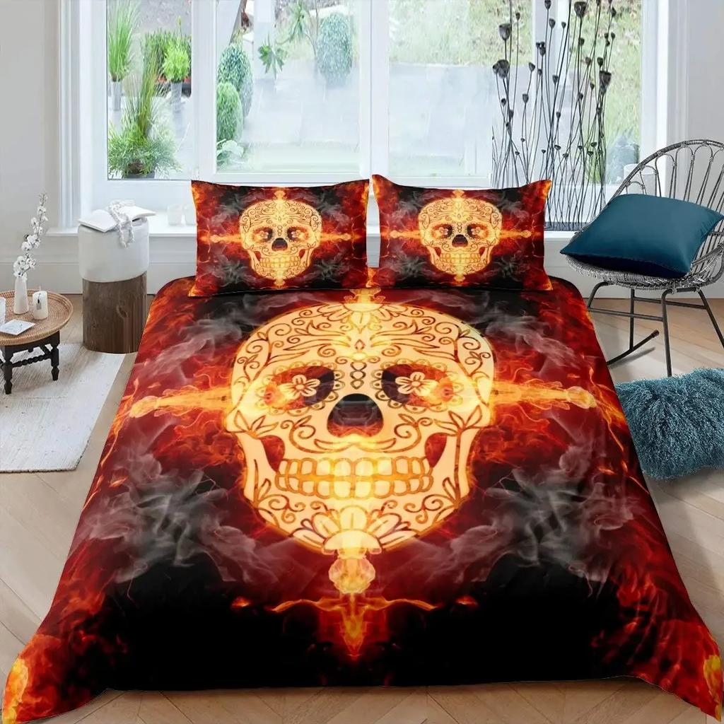 Black Blue Flame Skull Duvet Cover Set Full Size 3D Skeleton Bones Bedding Set Gothic Comforter Cover Horror Skull Quilt Cover