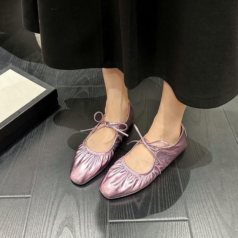 Fashion Ballet Flat Shoes Women's Square Head Shallow Mouth Single Shoes Light Casual Leather Shoe Lace-up Flats Mary Jane Flats