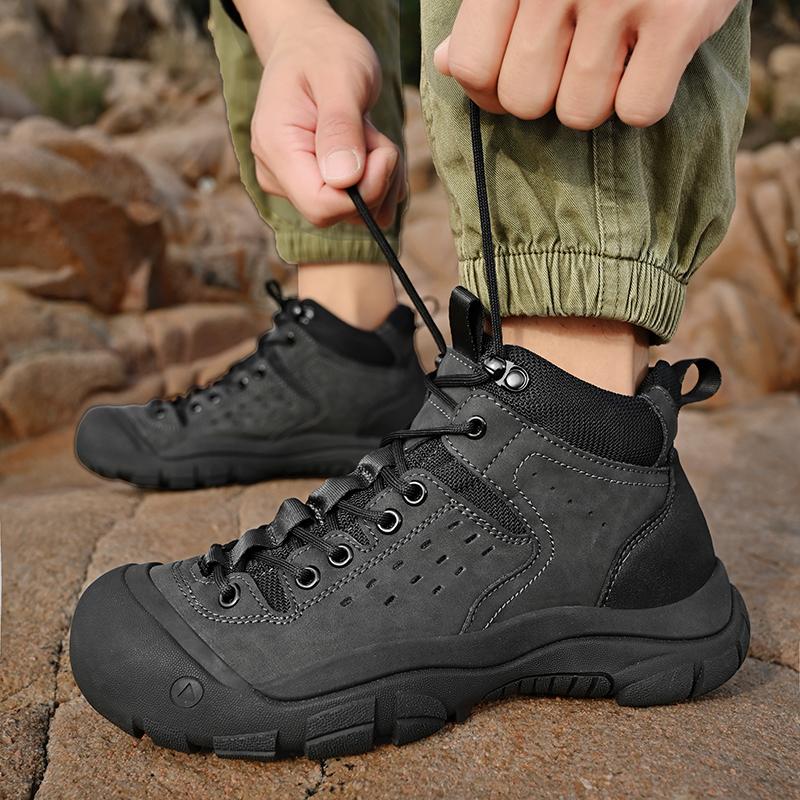 Fashion Men Genuine Leather Work Shoe Outdoor Winter Thick Bottom High Top Non Slip Ankle Boot Comfy Casual Leather Walking Hiking Shoes